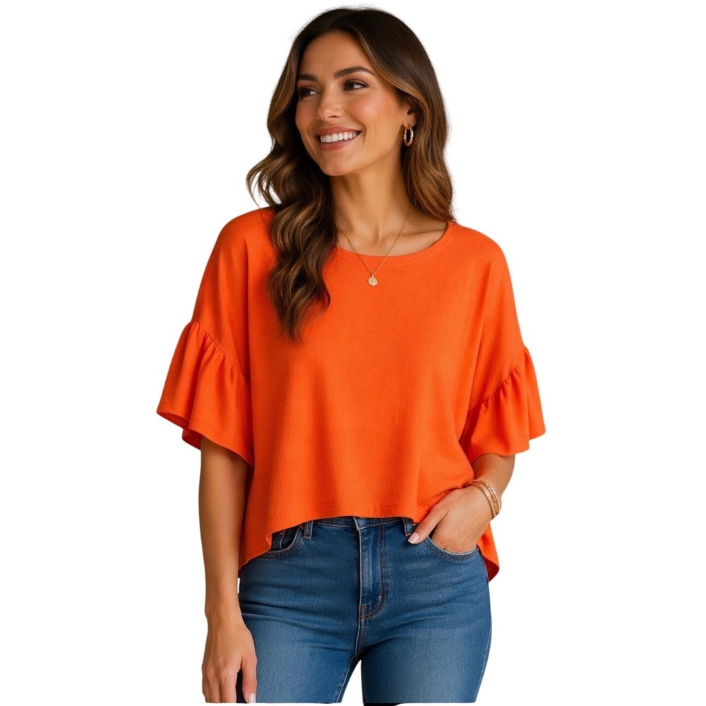 NWT Orange Glam Ruffle Sleeve Top Boho Flowy Blouse Bell Sleeve Chic Shimmer
